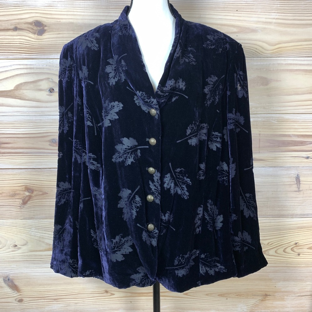 Dana Buchman Velvet Blazer Women 18 Blue Burnout Leaf Silk Blend Evening Jacket